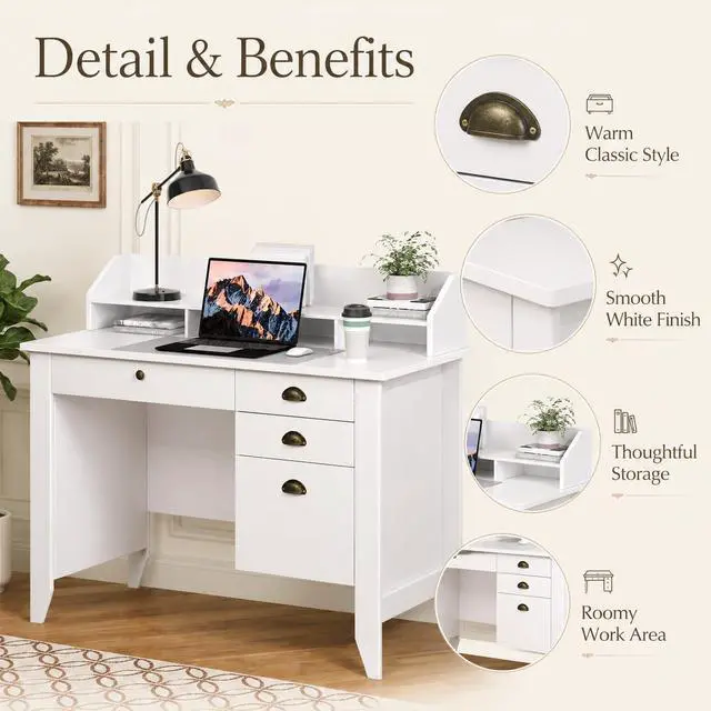 Alt view image 4 of 6 - White Desk with Drawers, 47'' Small Desk with File Drawer for Small Spaces, Wood Computer Desk with Monitor Stand for Home Office, Bedroom, White