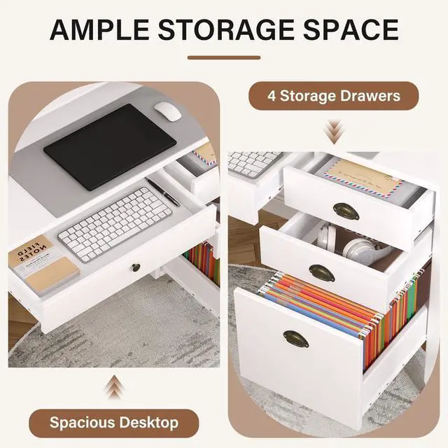 Alt view image 5 of 6 - White Desk with Drawers, 47'' Small Desk with File Drawer for Small Spaces, Wood Computer Desk with Monitor Stand for Home Office, Bedroom, White