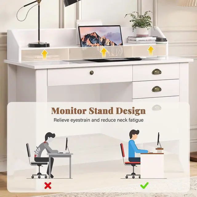 Alt view image 6 of 6 - White Desk with Drawers, 47'' Small Desk with File Drawer for Small Spaces, Wood Computer Desk with Monitor Stand for Home Office, Bedroom, White