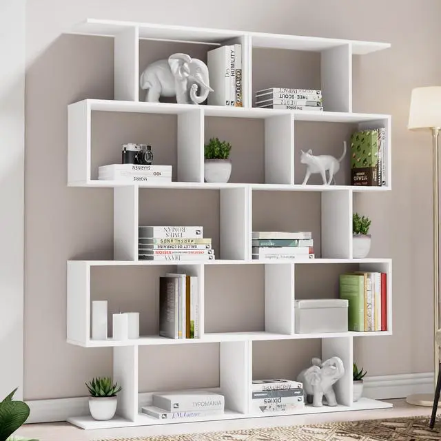 Main image of Set of 2 Geometric Bookcase, S-Shaped Modern Bookshelf, Room Divider Bookshelf, 62" Tall Unique Abstract Bookcase with 5-Tier Display Shelf for Living Room Office, White
