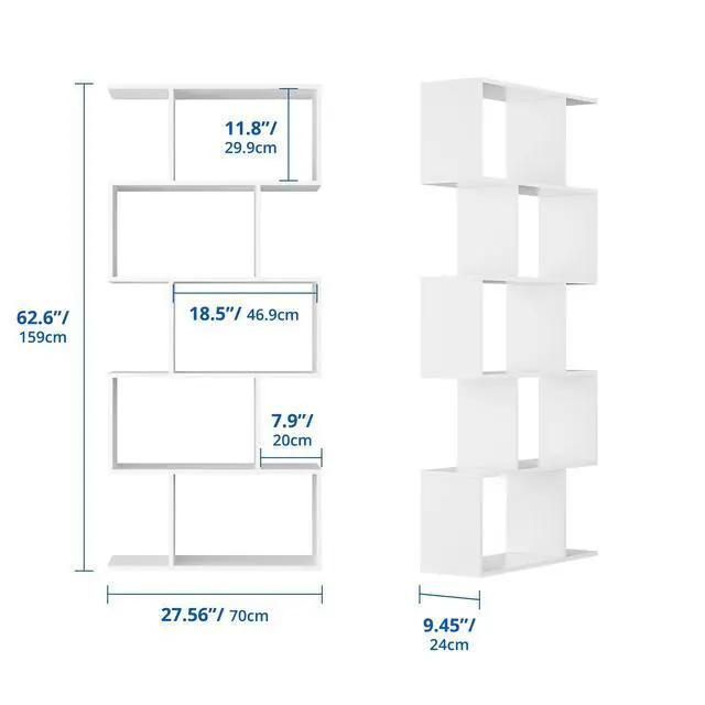 Alt view image 2 of 6 - Set of 2 Geometric Bookcase, S-Shaped Modern Bookshelf, Room Divider Bookshelf, 62" Tall Unique Abstract Bookcase with 5-Tier Display Shelf for Living Room Office, White