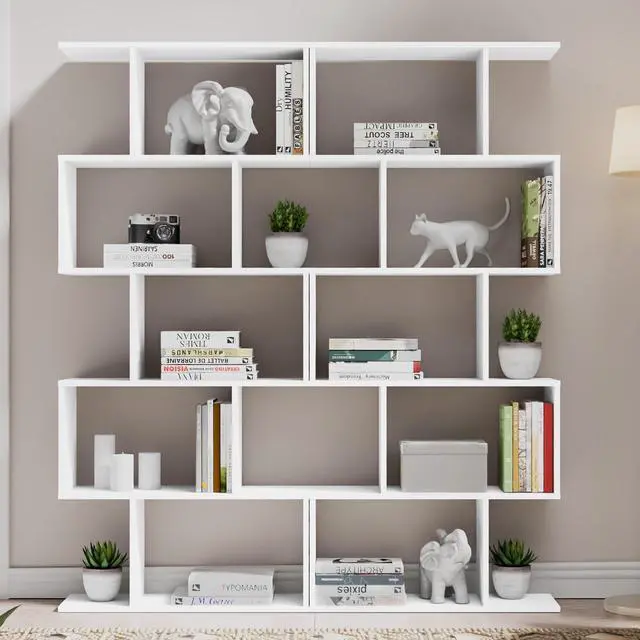 Alt view image 3 of 6 - Set of 2 Geometric Bookcase, S-Shaped Modern Bookshelf, Room Divider Bookshelf, 62" Tall Unique Abstract Bookcase with 5-Tier Display Shelf for Living Room Office, White