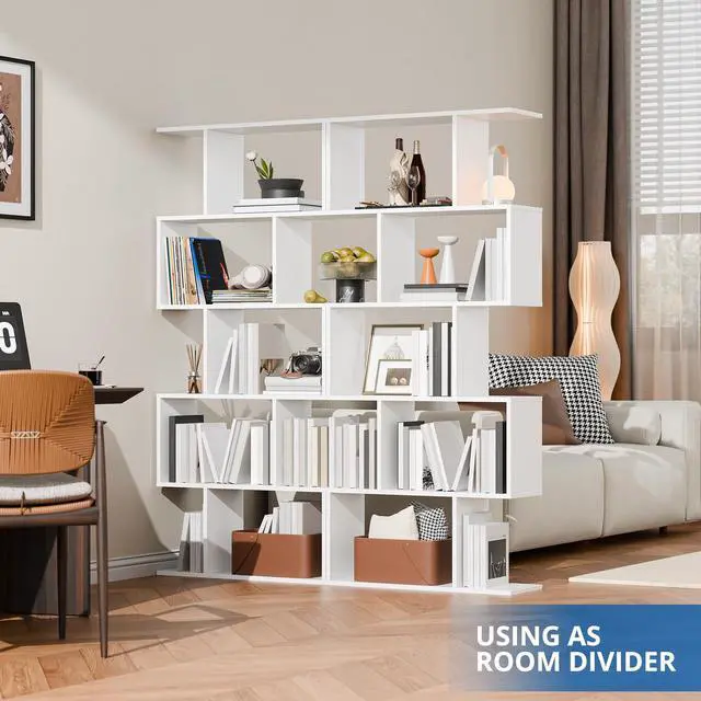 Alt view image 4 of 6 - Set of 2 Geometric Bookcase, S-Shaped Modern Bookshelf, Room Divider Bookshelf, 62" Tall Unique Abstract Bookcase with 5-Tier Display Shelf for Living Room Office, White