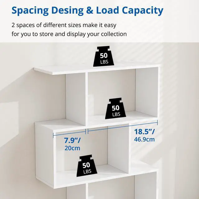 Alt view image 6 of 6 - Set of 2 Geometric Bookcase, S-Shaped Modern Bookshelf, Room Divider Bookshelf, 62" Tall Unique Abstract Bookcase with 5-Tier Display Shelf for Living Room Office, White