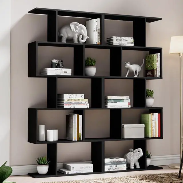 Main image of Set of 2 Geometric Bookcase, S-Shaped Modern Bookshelf, Room Divider Bookshelf, 62" Tall Unique Abstract Bookcase with 5-Tier Display Shelf for Living Room Office, Black