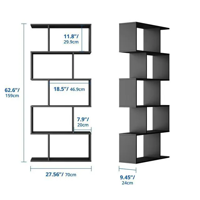 Alt view image 2 of 6 - Set of 2 Geometric Bookcase, S-Shaped Modern Bookshelf, Room Divider Bookshelf, 62" Tall Unique Abstract Bookcase with 5-Tier Display Shelf for Living Room Office, Black