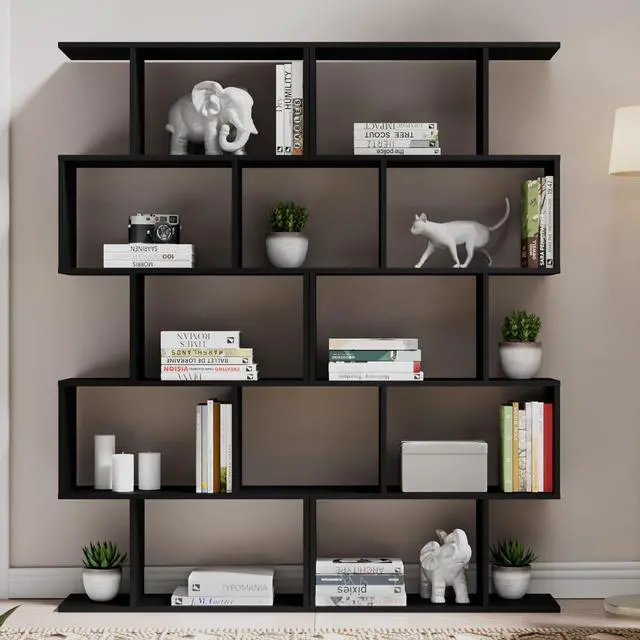 Alt view image 3 of 6 - Set of 2 Geometric Bookcase, S-Shaped Modern Bookshelf, Room Divider Bookshelf, 62" Tall Unique Abstract Bookcase with 5-Tier Display Shelf for Living Room Office, Black