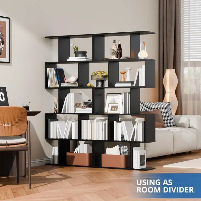 Alt view image 4 of 6 - Set of 2 Geometric Bookcase, S-Shaped Modern Bookshelf, Room Divider Bookshelf, 62" Tall Unique Abstract Bookcase with 5-Tier Display Shelf for Living Room Office, Black