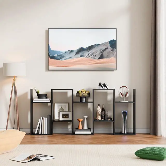 Alt view image 5 of 6 - Set of 2 Geometric Bookcase, S-Shaped Modern Bookshelf, Room Divider Bookshelf, 62" Tall Unique Abstract Bookcase with 5-Tier Display Shelf for Living Room Office, Black