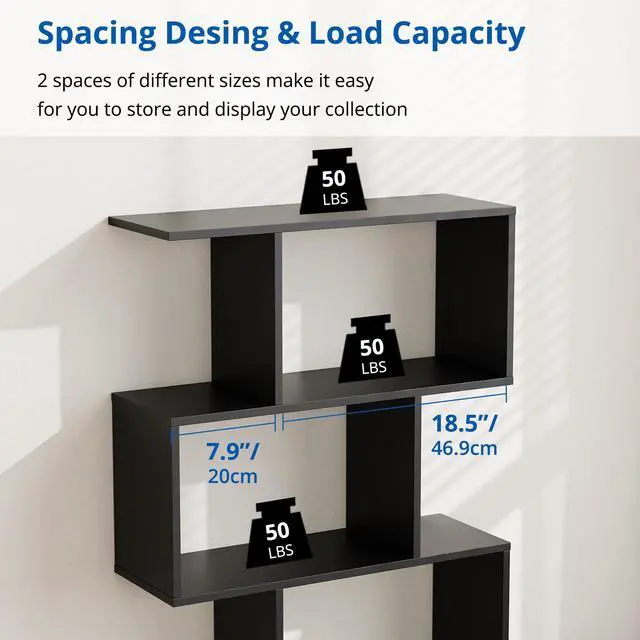 Alt view image 6 of 6 - Set of 2 Geometric Bookcase, S-Shaped Modern Bookshelf, Room Divider Bookshelf, 62" Tall Unique Abstract Bookcase with 5-Tier Display Shelf for Living Room Office, Black