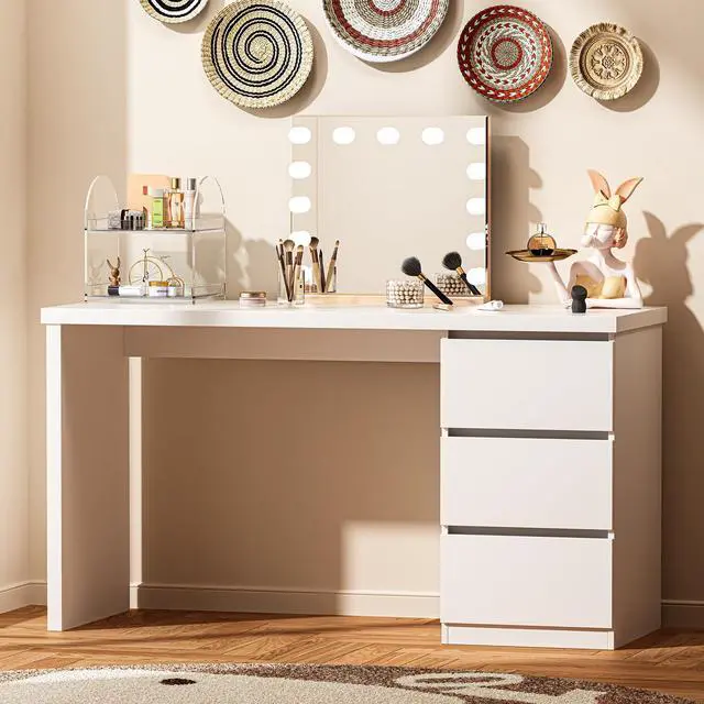 Alt view image 2 of 6 - White Desk with Drawers, 47'' W Home Office Desk Gaming Table, Modern Vanity Desk with Storage, Wood Computer Desk Writing Workstation for Bedroom, Living Room