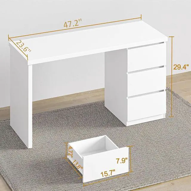 Alt view image 3 of 6 - White Desk with Drawers, 47'' W Home Office Desk Gaming Table, Modern Vanity Desk with Storage, Wood Computer Desk Writing Workstation for Bedroom, Living Room