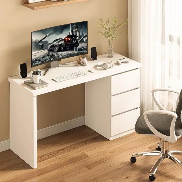 Alt view image 5 of 6 - White Desk with Drawers, 47'' W Home Office Desk Gaming Table, Modern Vanity Desk with Storage, Wood Computer Desk Writing Workstation for Bedroom, Living Room