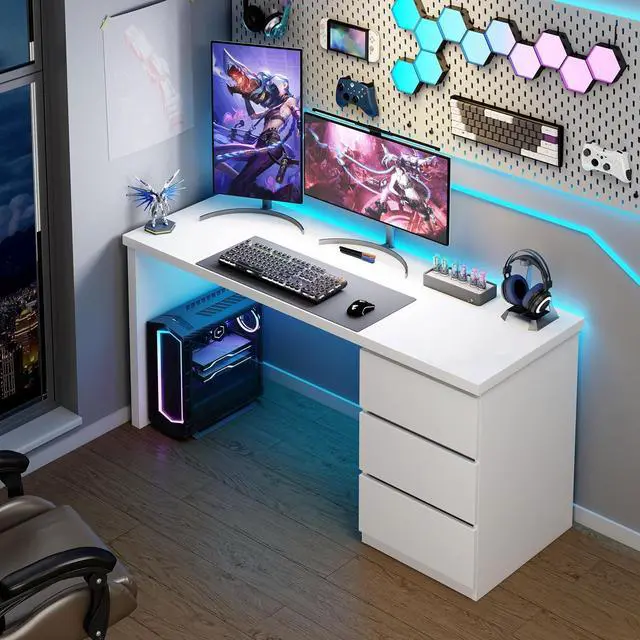 Alt view image 6 of 6 - White Desk with Drawers, 47'' W Home Office Desk Gaming Table, Modern Vanity Desk with Storage, Wood Computer Desk Writing Workstation for Bedroom, Living Room