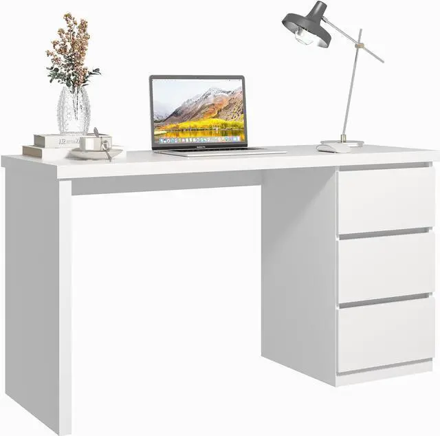 Main image of White Desk with Drawers, 53'' W Home Office Computer Desk Gaming Table, Modern Vanity Desk with Storage, Wood Writing Workstation for Bedroom, Living Room, White