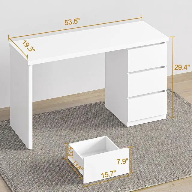 Alt view image 3 of 6 - White Desk with Drawers, 53'' W Home Office Computer Desk Gaming Table, Modern Vanity Desk with Storage, Wood Writing Workstation for Bedroom, Living Room, White