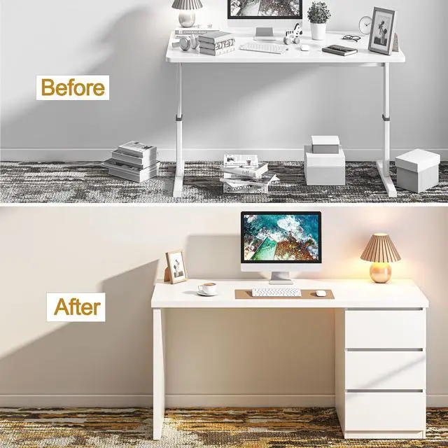 Alt view image 4 of 6 - White Desk with Drawers, 53'' W Home Office Computer Desk Gaming Table, Modern Vanity Desk with Storage, Wood Writing Workstation for Bedroom, Living Room, White
