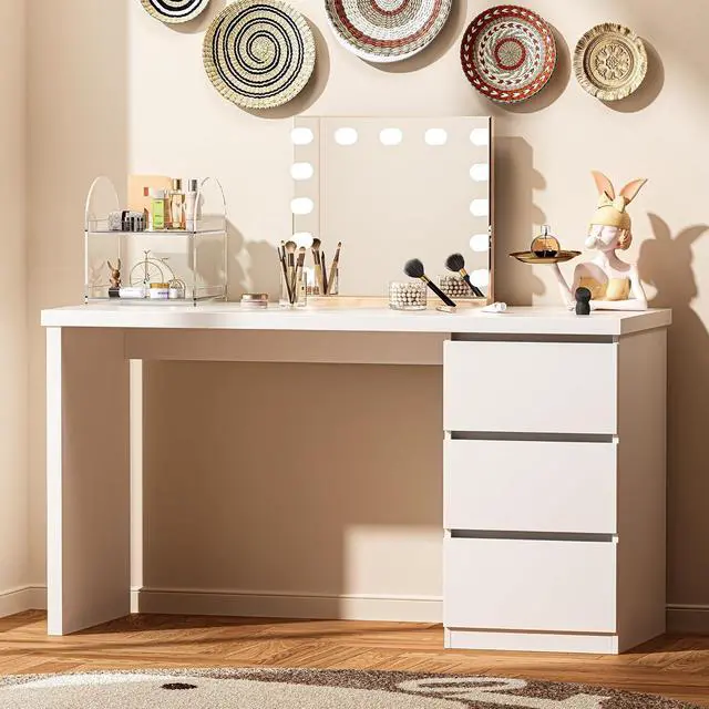 Alt view image 5 of 6 - White Desk with Drawers, 53'' W Home Office Computer Desk Gaming Table, Modern Vanity Desk with Storage, Wood Writing Workstation for Bedroom, Living Room, White