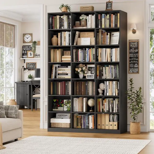 Alt view image 2 of 6 - 86" H Triple Wide Bookshelf and Bookcase, 7 Tier Tall Bookshelf with Storage, Large Bookcase with 21 Open Display Storage Shelves, Wood Book Shelf Media CD DVD Storage for Living Room, Black