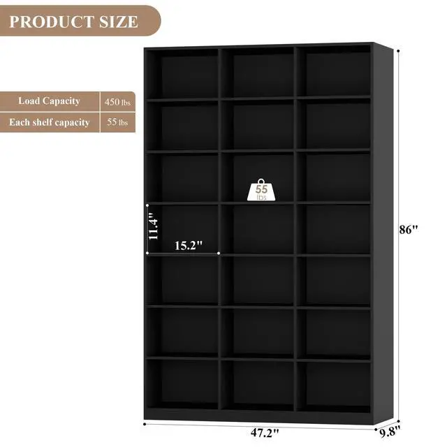 Alt view image 3 of 6 - 86" H Triple Wide Bookshelf and Bookcase, 7 Tier Tall Bookshelf with Storage, Large Bookcase with 21 Open Display Storage Shelves, Wood Book Shelf Media CD DVD Storage for Living Room, Black