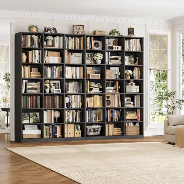 Alt view image 4 of 6 - 86" H Triple Wide Bookshelf and Bookcase, 7 Tier Tall Bookshelf with Storage, Large Bookcase with 21 Open Display Storage Shelves, Wood Book Shelf Media CD DVD Storage for Living Room, Black