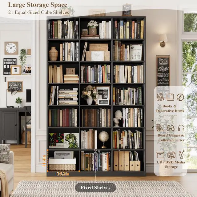 Alt view image 5 of 6 - 86" H Triple Wide Bookshelf and Bookcase, 7 Tier Tall Bookshelf with Storage, Large Bookcase with 21 Open Display Storage Shelves, Wood Book Shelf Media CD DVD Storage for Living Room, Black