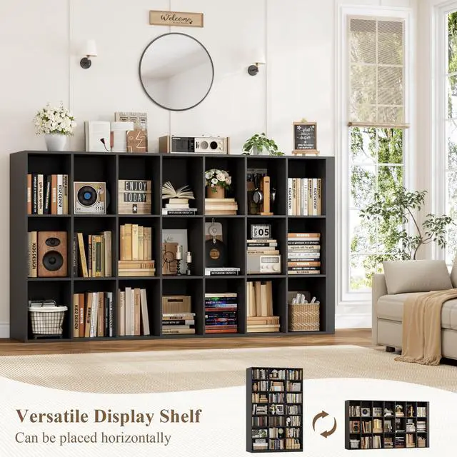 Alt view image 6 of 6 - 86" H Triple Wide Bookshelf and Bookcase, 7 Tier Tall Bookshelf with Storage, Large Bookcase with 21 Open Display Storage Shelves, Wood Book Shelf Media CD DVD Storage for Living Room, Black
