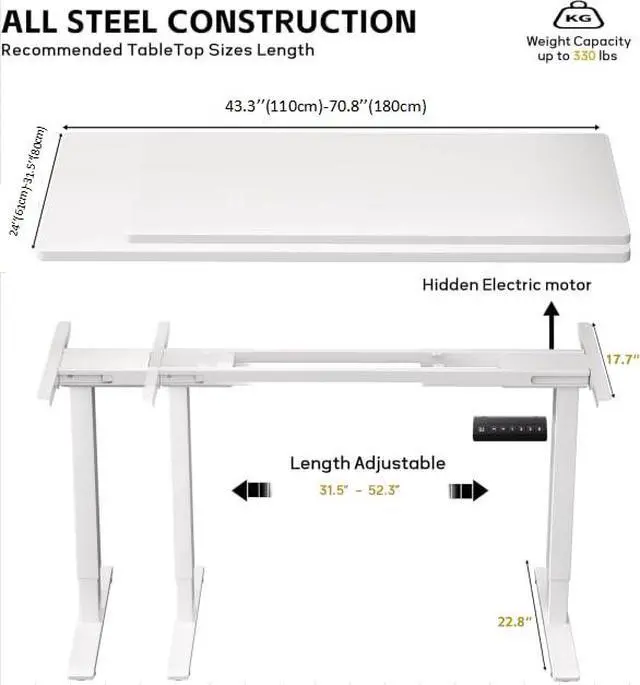 Alt view image 3 of 6 - 330lbs Dual Motor Standing Desk Frame for 43.3 to 70.8 Desktop, Electric Adjustable Legs with Memory Presets, Stand Up Desk Frame Workstation for Home Office, White Frame Only