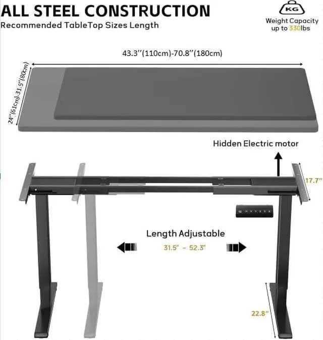 Alt view image 4 of 6 - Dual Motor Electric Standing Desk Frame for 43.3 to 70.8" Table Tops, 330lbs Weight Capacity,Ergonomic Standing Height Adjustable Base with Memory Controller,Black Frame Only
