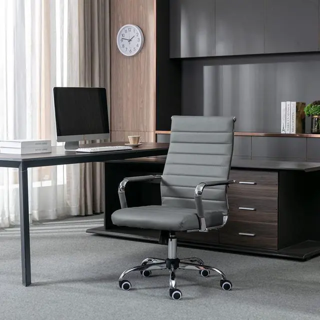 Alt view image 5 of 6 - Home Office Chair Ribbed, Modern Leather Conference Room Chairs, Ergonomic Office Desk Chair, High Back Executive Computer Chair, Adjustable Swivel Chair with Arms (Grey)