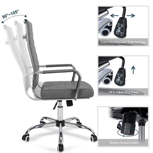 Alt view image 6 of 6 - Home Office Chair Ribbed, Modern Leather Conference Room Chairs, Ergonomic Office Desk Chair, High Back Executive Computer Chair, Adjustable Swivel Chair with Arms (Grey)