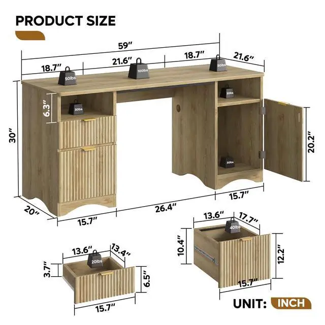 Alt view image 2 of 6 - 59 inch Computer Desk with 2 Drawers, Office Desk with Storage File Cabinet and 2 Open Storage Shelves, Modern Fluted Executive Desk for Home Office Bedroom, Natural Oak