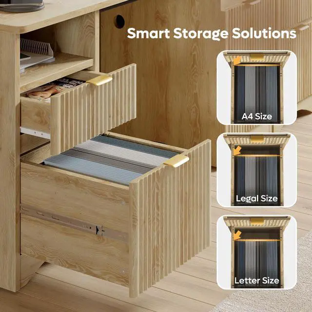 Alt view image 3 of 6 - 59 inch Computer Desk with 2 Drawers, Office Desk with Storage File Cabinet and 2 Open Storage Shelves, Modern Fluted Executive Desk for Home Office Bedroom, Natural Oak