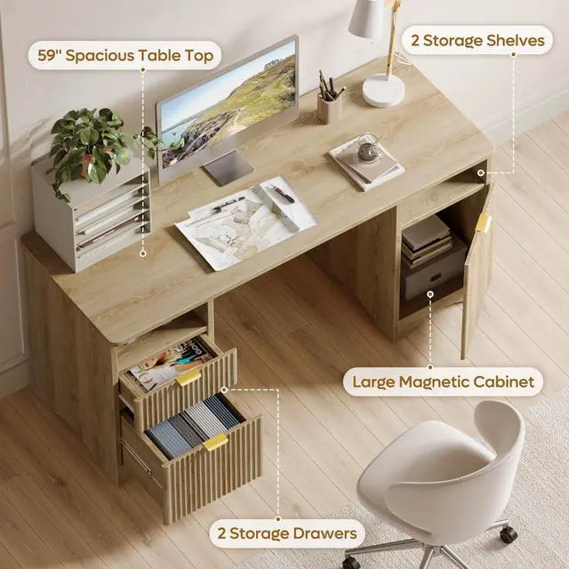 Alt view image 4 of 6 - 59 inch Computer Desk with 2 Drawers, Office Desk with Storage File Cabinet and 2 Open Storage Shelves, Modern Fluted Executive Desk for Home Office Bedroom, Natural Oak