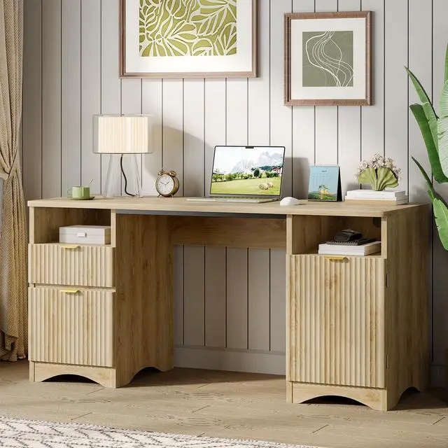 Alt view image 5 of 6 - 59 inch Computer Desk with 2 Drawers, Office Desk with Storage File Cabinet and 2 Open Storage Shelves, Modern Fluted Executive Desk for Home Office Bedroom, Natural Oak
