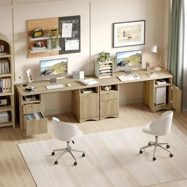 Alt view image 6 of 6 - 59 inch Computer Desk with 2 Drawers, Office Desk with Storage File Cabinet and 2 Open Storage Shelves, Modern Fluted Executive Desk for Home Office Bedroom, Natural Oak
