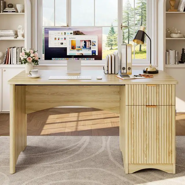 Main image of 47 inch Fluted Computer Desk with Drawer, Office Desk with File Cabinet, Modern Wood Desk with Storage Cabinet for Home Office Bedroom Study, Natural Oak