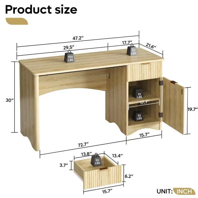 Alt view image 2 of 6 - 47 inch Fluted Computer Desk with Drawer, Office Desk with File Cabinet, Modern Wood Desk with Storage Cabinet for Home Office Bedroom Study, Natural Oak