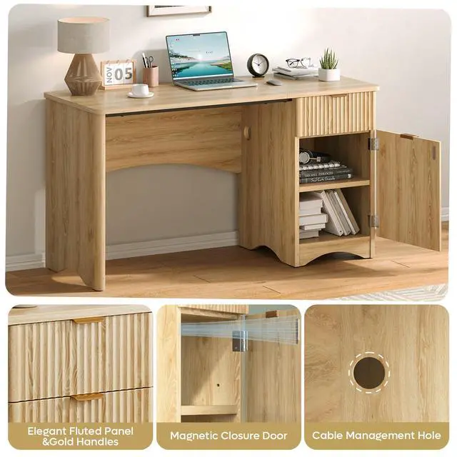 Alt view image 3 of 6 - 47 inch Fluted Computer Desk with Drawer, Office Desk with File Cabinet, Modern Wood Desk with Storage Cabinet for Home Office Bedroom Study, Natural Oak