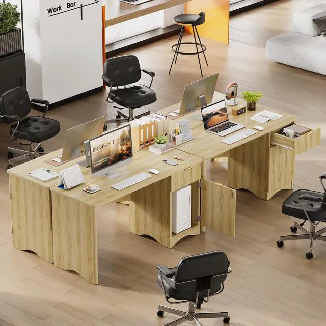 Alt view image 5 of 6 - 47 inch Fluted Computer Desk with Drawer, Office Desk with File Cabinet, Modern Wood Desk with Storage Cabinet for Home Office Bedroom Study, Natural Oak