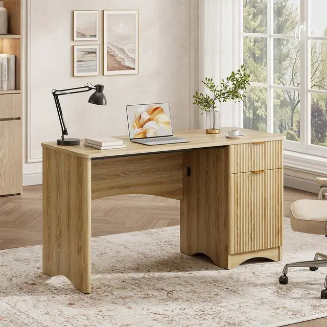 Alt view image 6 of 6 - 47 inch Fluted Computer Desk with Drawer, Office Desk with File Cabinet, Modern Wood Desk with Storage Cabinet for Home Office Bedroom Study, Natural Oak