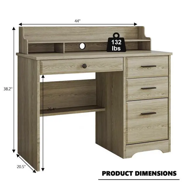 Alt view image 2 of 6 - Computer Desk with Drawers, Small Desk with Monitor Stand and File Drawer, Wood Desk with Storage, Writing Desk for Bedroom Home Offic, Grey