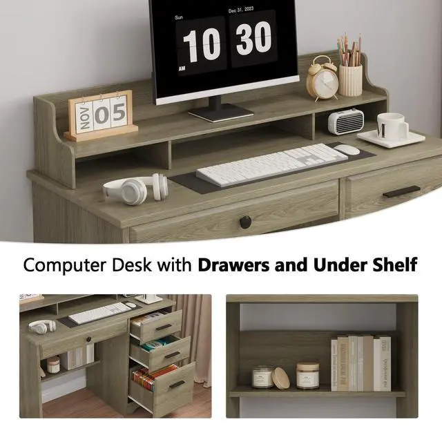 Alt view image 3 of 6 - Computer Desk with Drawers, Small Desk with Monitor Stand and File Drawer, Wood Desk with Storage, Writing Desk for Bedroom Home Offic, Grey