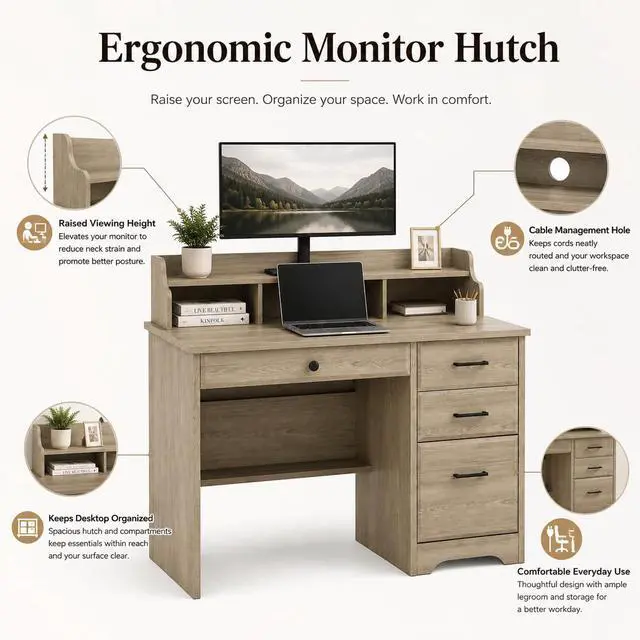 Alt view image 4 of 6 - Computer Desk with Drawers, Small Desk with Monitor Stand and File Drawer, Wood Desk with Storage, Writing Desk for Bedroom Home Offic, Grey