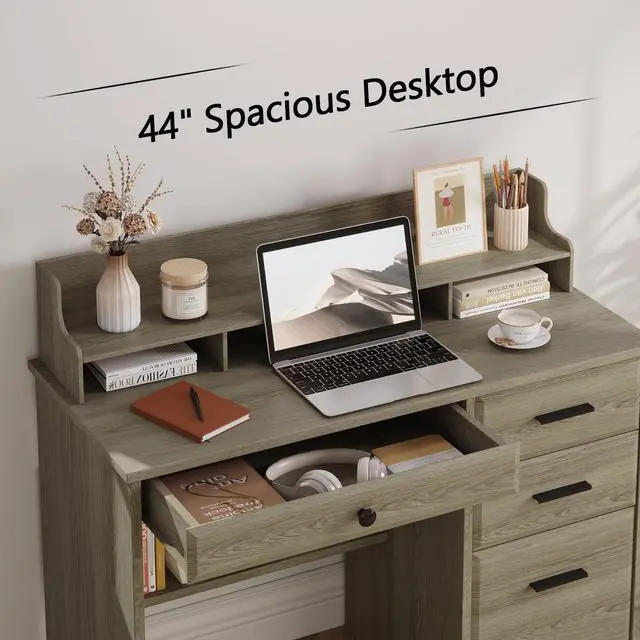 Alt view image 5 of 6 - Computer Desk with Drawers, Small Desk with Monitor Stand and File Drawer, Wood Desk with Storage, Writing Desk for Bedroom Home Offic, Grey