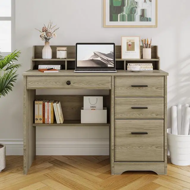 Alt view image 6 of 6 - Computer Desk with Drawers, Small Desk with Monitor Stand and File Drawer, Wood Desk with Storage, Writing Desk for Bedroom Home Offic, Grey