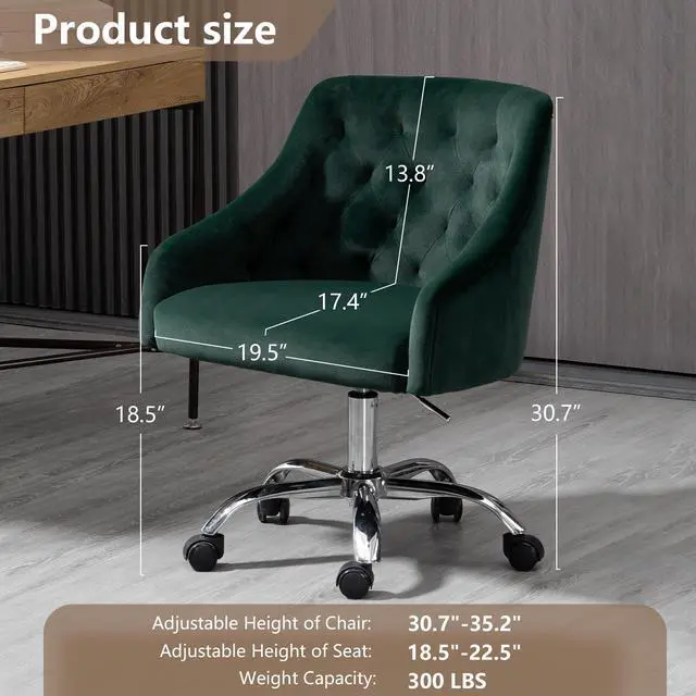 Alt view image 3 of 6 - Home Office Chair, Velvet Swivel Adjustable Accent Vanity Chair with Arms Nailhead Trim for Bedroom, for to Living Room, Studying, Office (Forest Green)