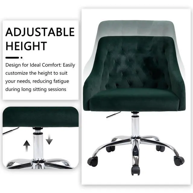 Alt view image 4 of 6 - Home Office Chair, Velvet Swivel Adjustable Accent Vanity Chair with Arms Nailhead Trim for Bedroom, for to Living Room, Studying, Office (Forest Green)