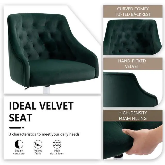 Alt view image 5 of 6 - Home Office Chair, Velvet Swivel Adjustable Accent Vanity Chair with Arms Nailhead Trim for Bedroom, for to Living Room, Studying, Office (Forest Green)