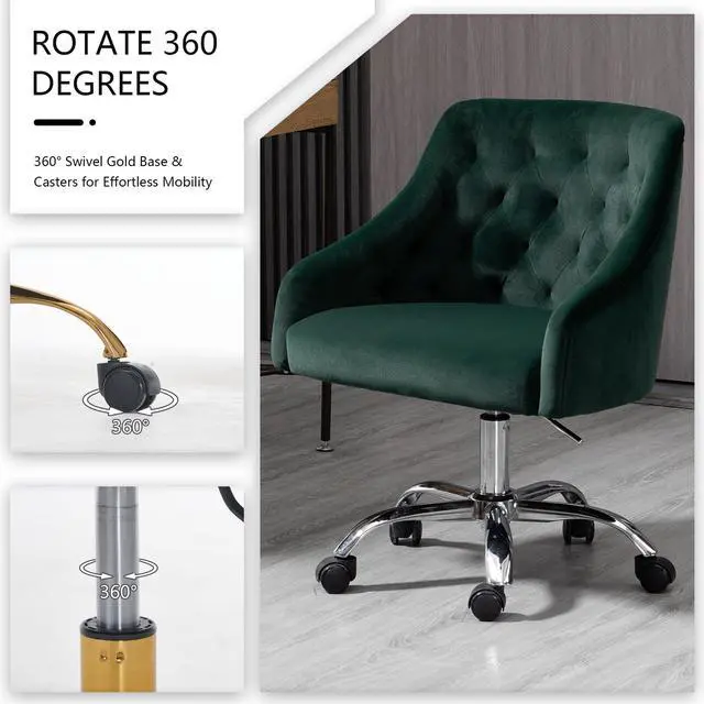 Alt view image 6 of 6 - Home Office Chair, Velvet Swivel Adjustable Accent Vanity Chair with Arms Nailhead Trim for Bedroom, for to Living Room, Studying, Office (Forest Green)